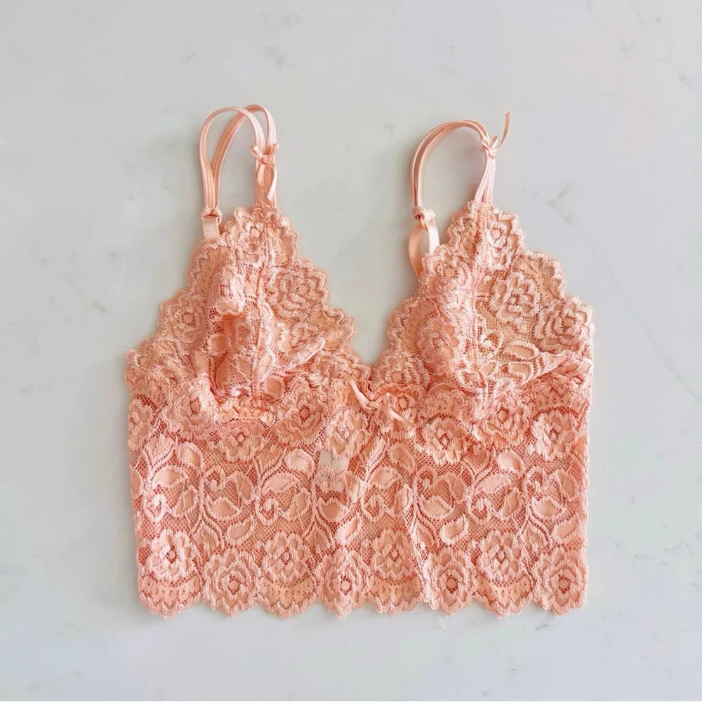 Cabernet Coral Pink Lace Bralette Top, Ribbon Bow & Adjustable Straps sz. S